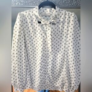 Loft Long Sleeve White Light Weight Blouse with Black Bow Pattern.